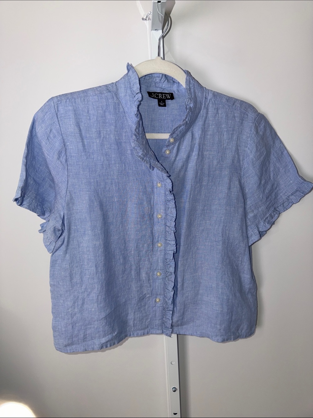 J. Crew Sky Blue Ruffle Trim Linen Button-Down Top